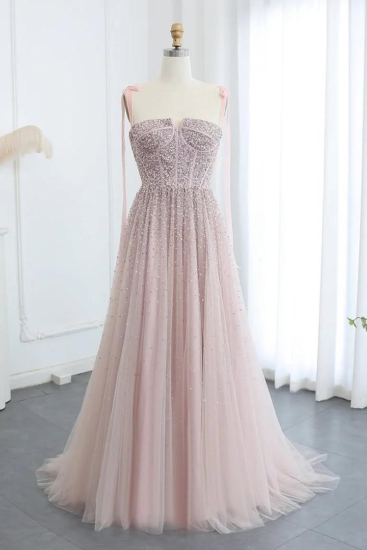 Lussooy Blushing Pink Beautiful Tulle Sleeveless Spaghetti Strap Beaded Long Prom Dress with Pleated 