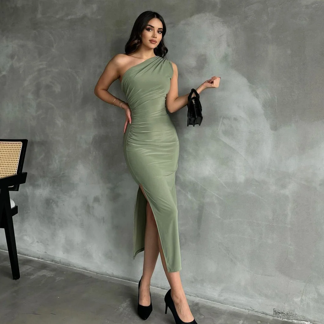 Uveng Uveng Summer New Oblique Shoulder Solid Color Open Slit Sleeveless Sexy Temperament Slim Dress Female