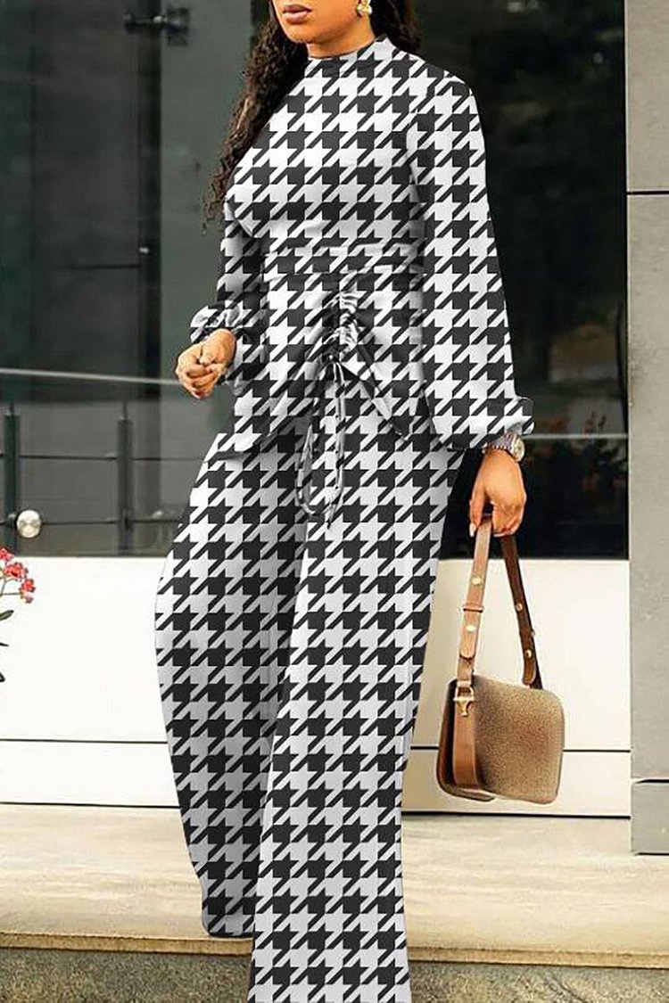 Xpluswear Plus Size Casual Houndstooth Vintage Ruched Lantern Long Sleeves Drawstring Wide Leg Jumpsuits