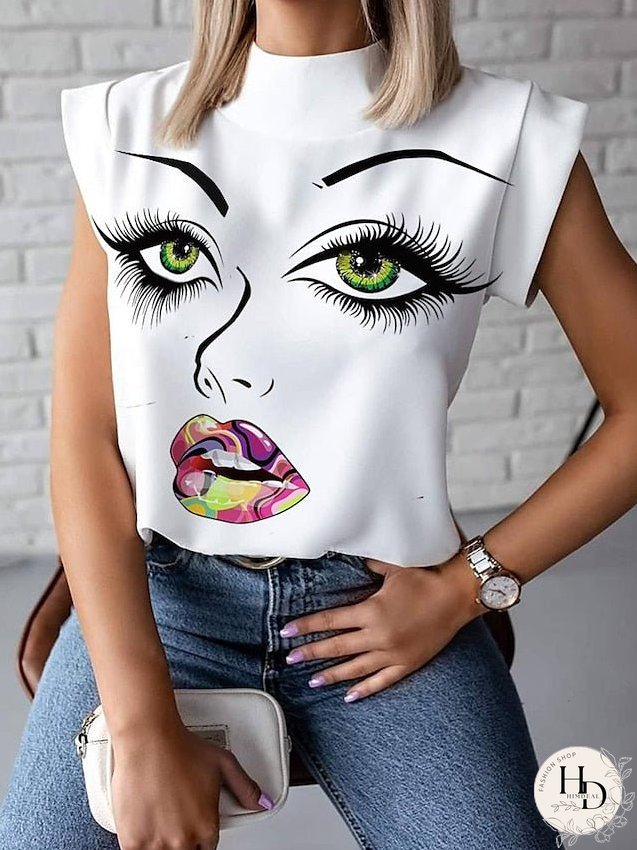 casual short sleeve t shirt elegant red lips stand neck tops blouse (red lips, x-large) for Women