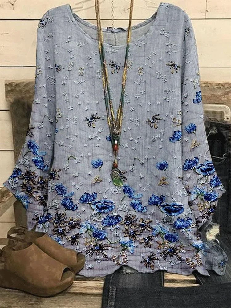 Round Neck Casual Loose Floral Long Sleeve Blouse