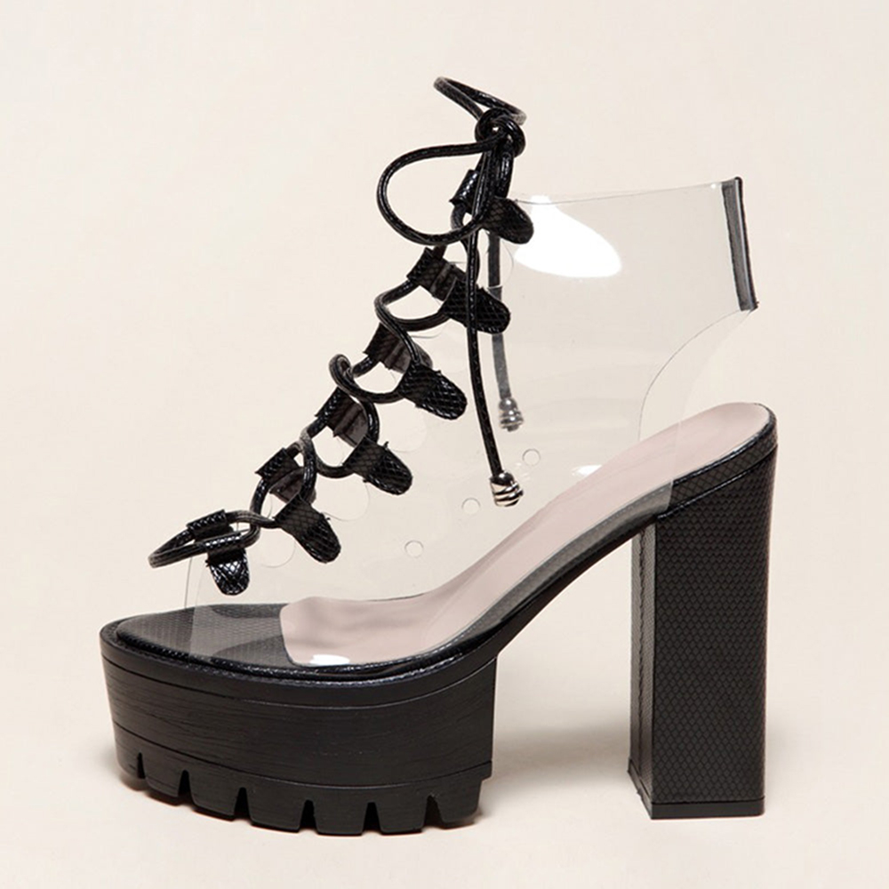 Black & Clear Open Toe 4'' Chunky Heel Lace Up Sandads with Platform Nicepairs
