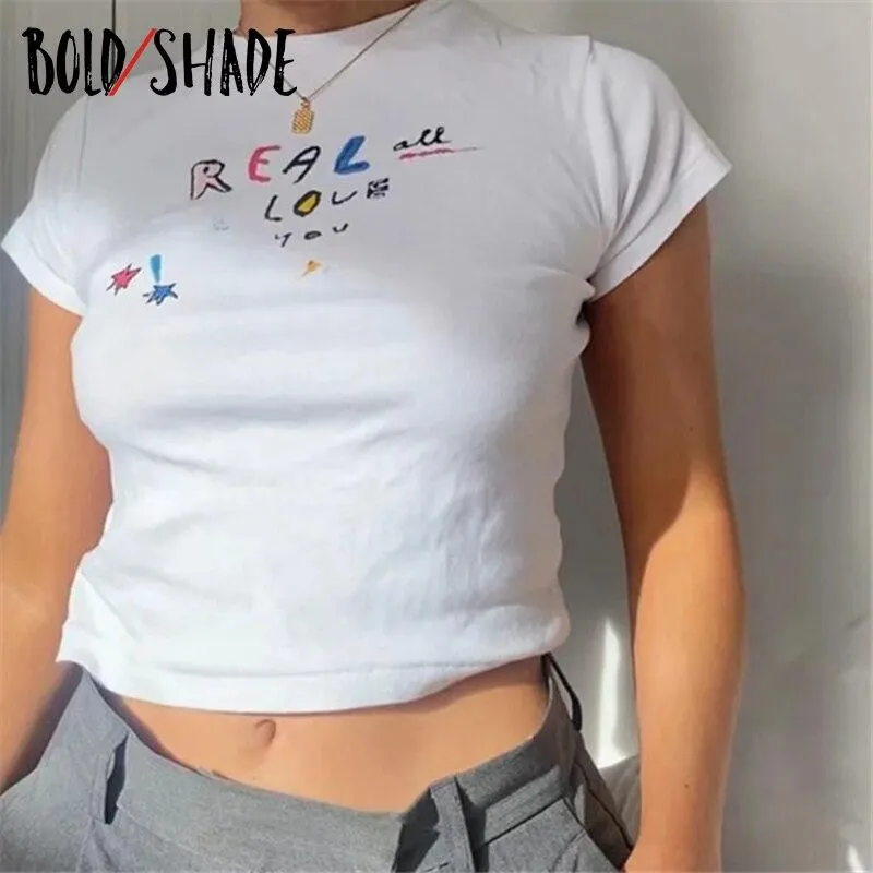 Bold Shade 90s Grunge Streetwear Tee Shirts Women Indie Vintage Skater Girl Stye y2k T Shirt Letter Print Short Sleeve T-shirts