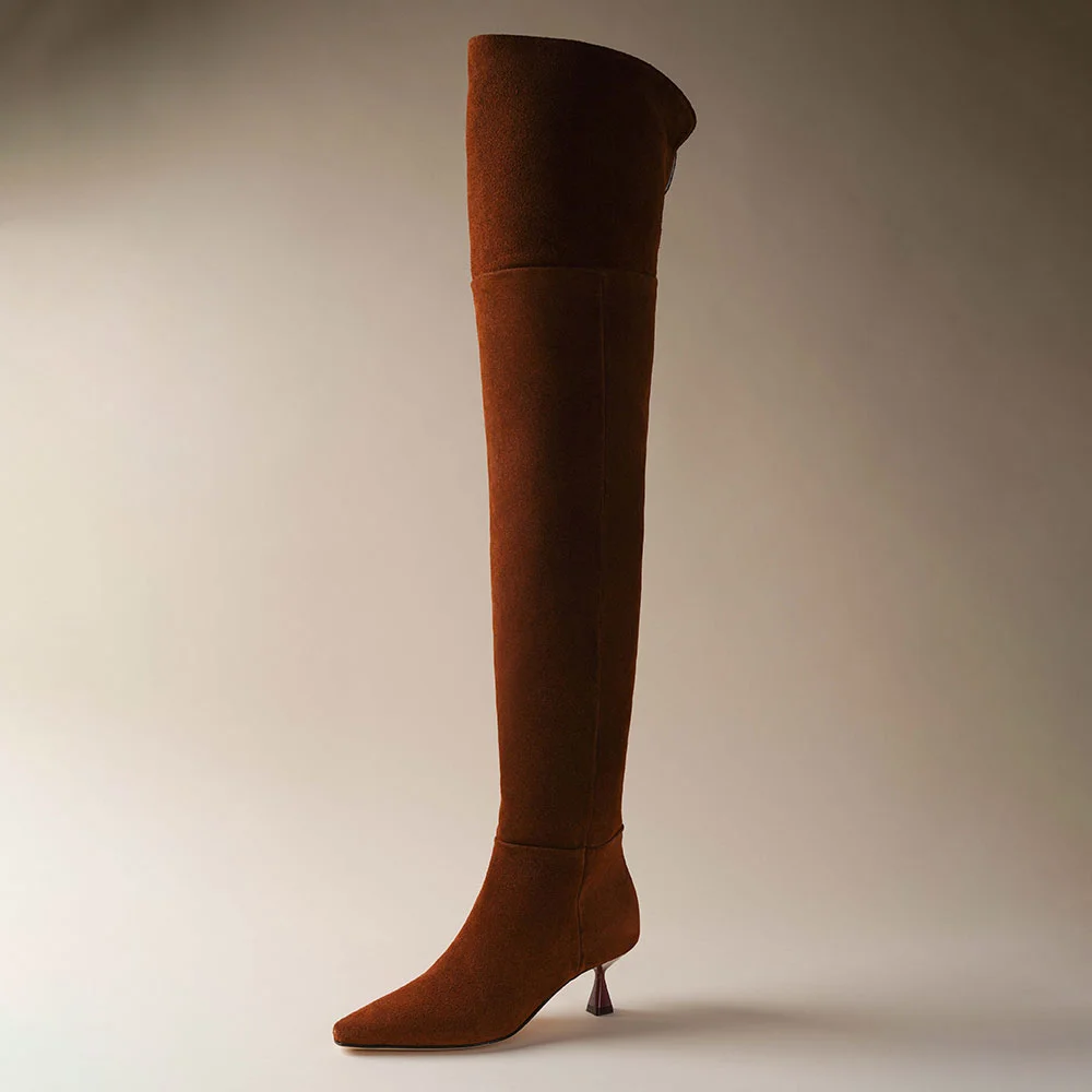 YDN Vegan Suede Kitten Heel Thigh High Slouch Boots in Brown