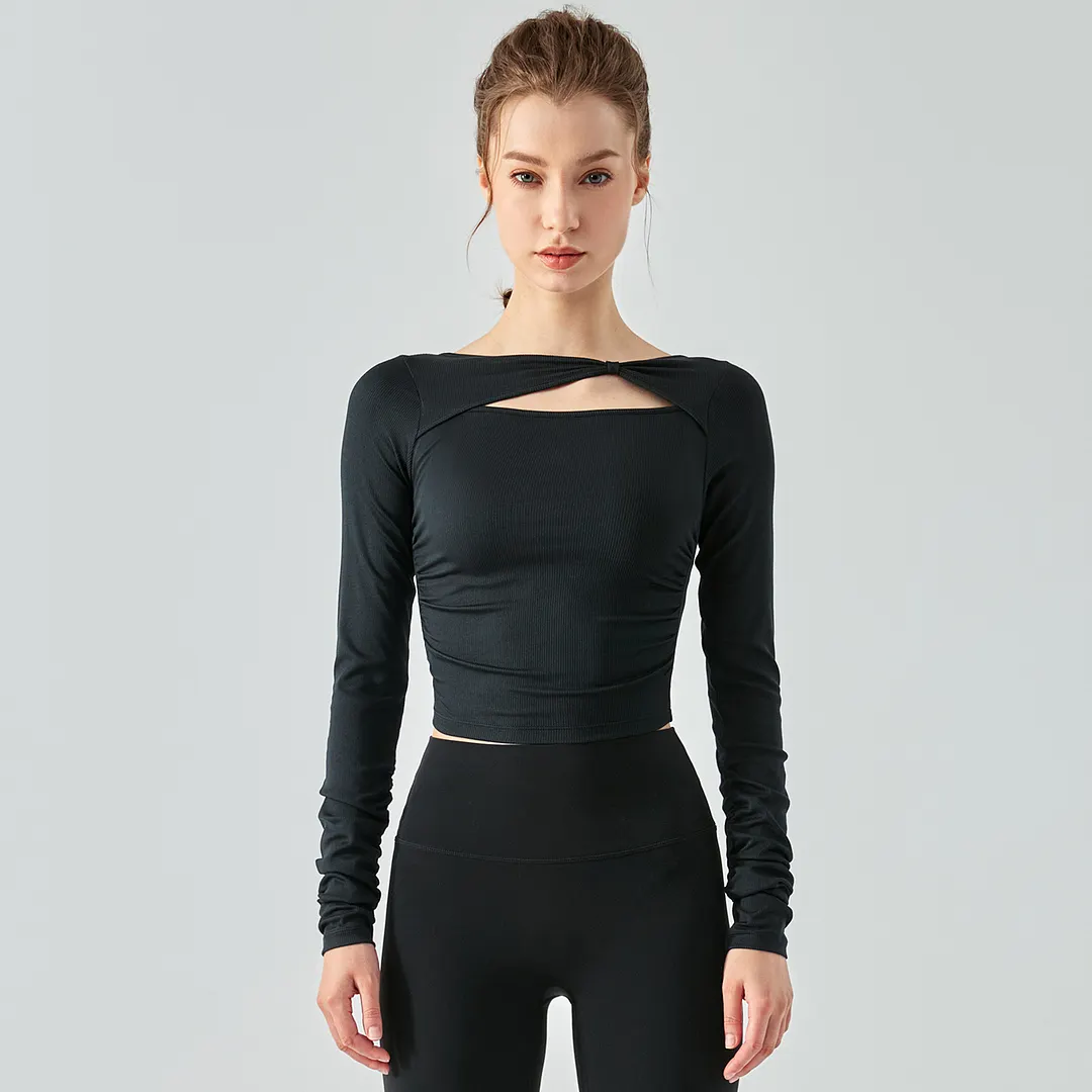 Hergymclothing Black breathable long sleeve sports athletic shirt ribbed cropped top online shopping 