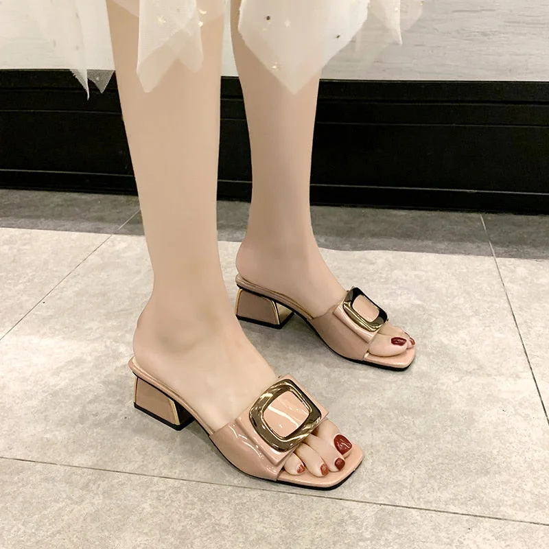 Summer Women Shoes Slippers Fashion Metal Buckle Ladies Mules Slides High Heels Pumps Women Casual Slippers 515-1