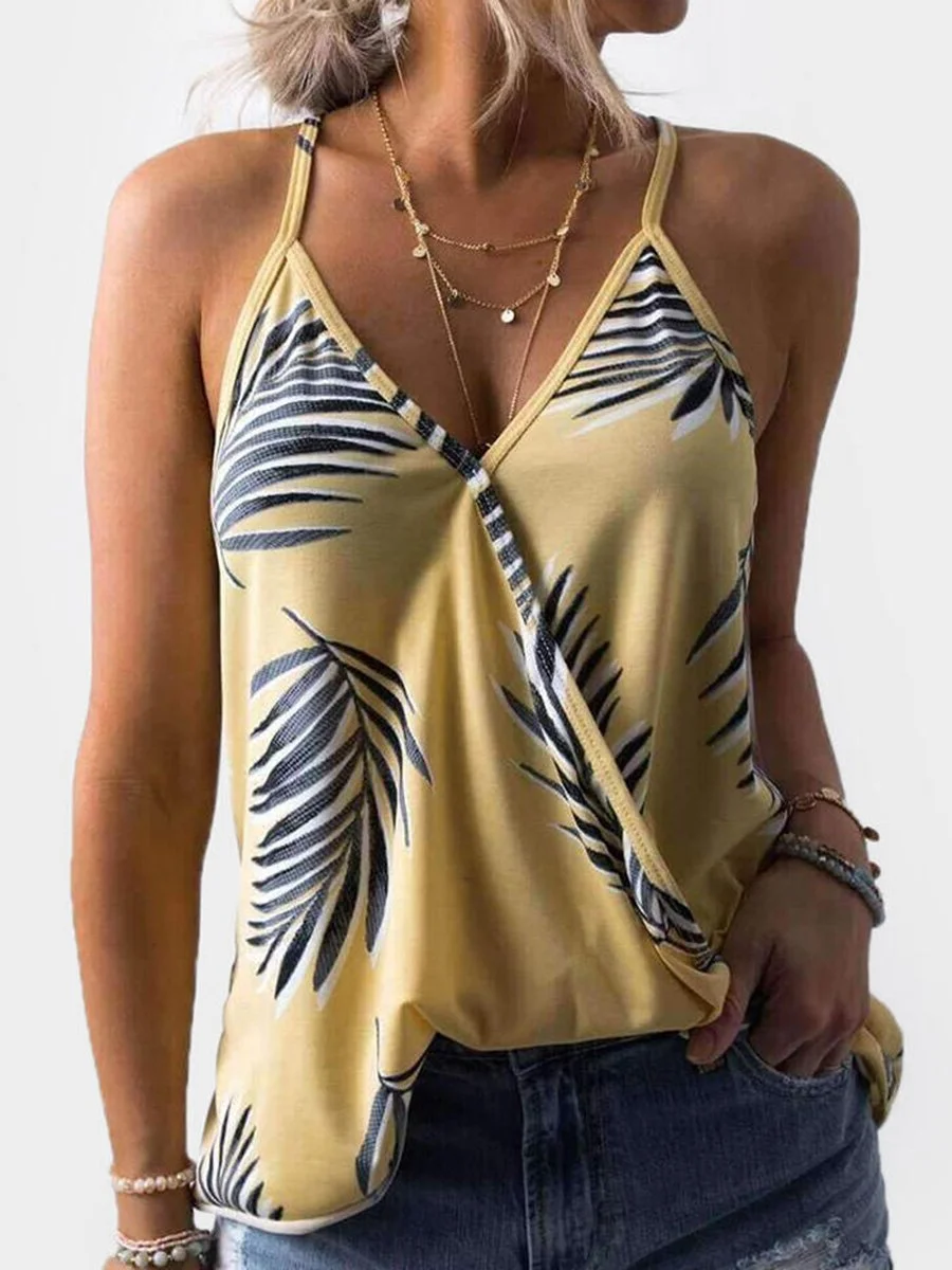V-Neck Strap Leaf Printed Tank Top