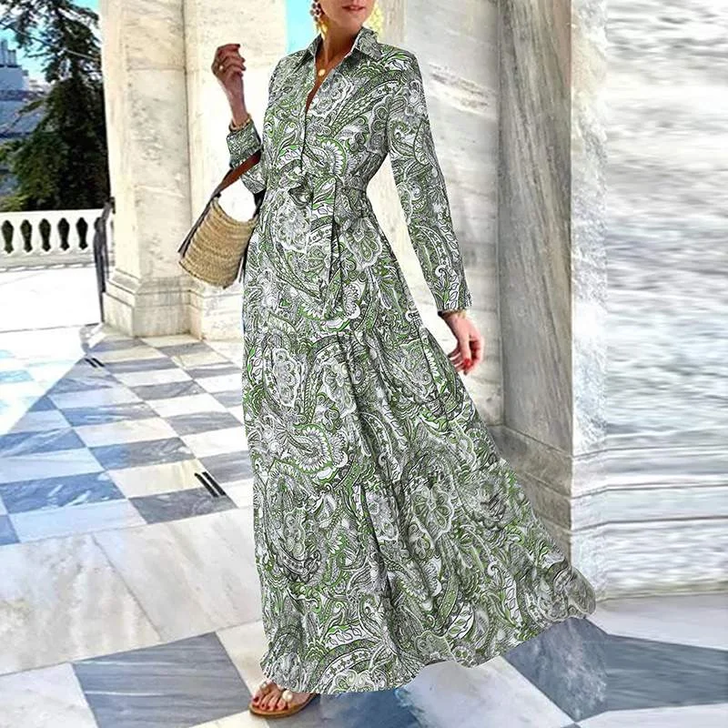 Women Elegant Lapel Maxi Long Shirt Dress Spring Casual Full Sleeve Party Sundress ZANZEA Vintage Lace Up Vestidos Oversize Robe