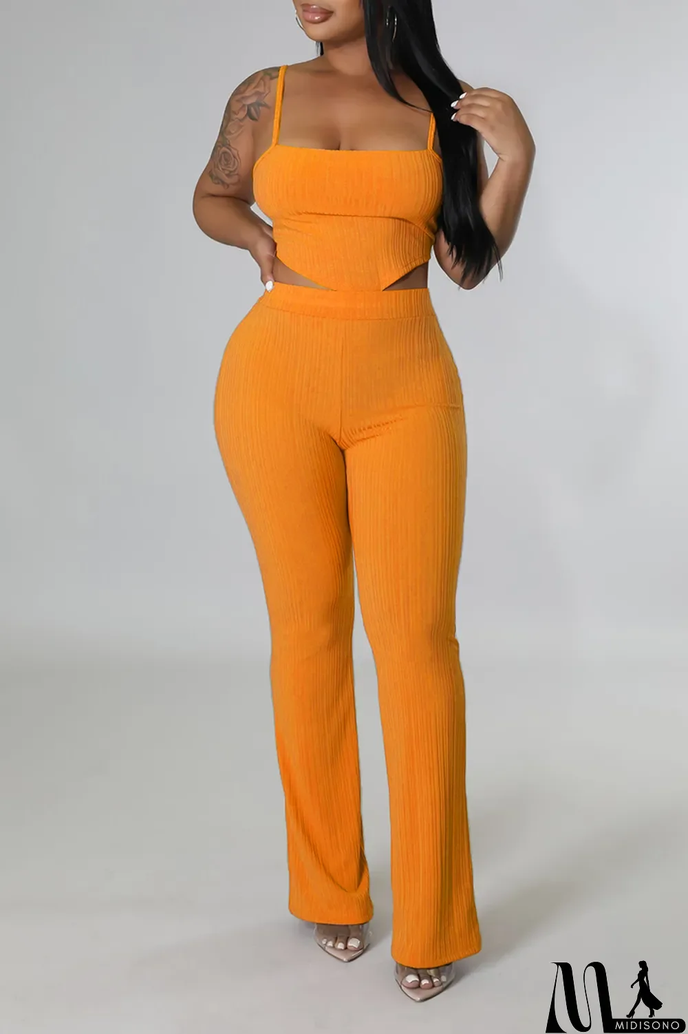 MidiSono - Orange Fashion Solid Patchwork Spaghetti Strap Sleeveless Two Pieces