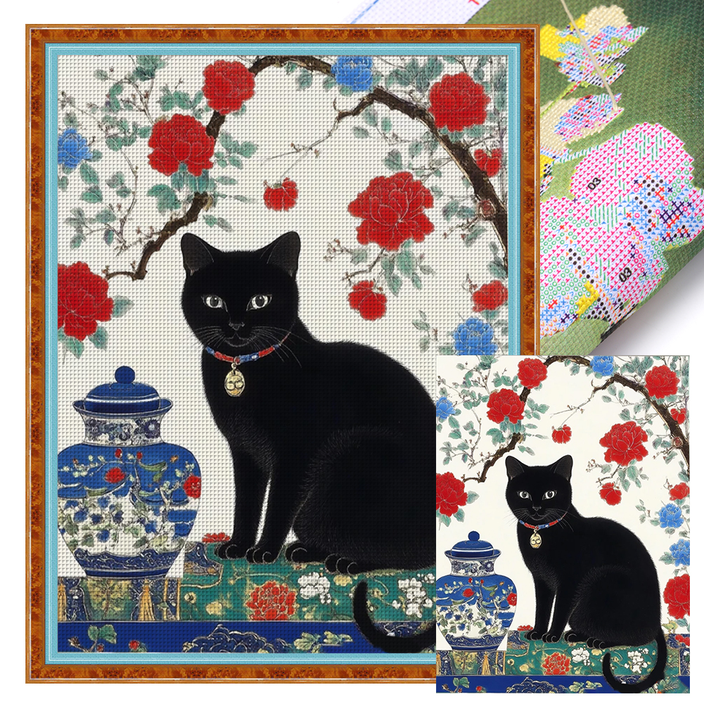Japanese style black cat Full 11CT Pre-stamped Canvas(45*60cm) Cross Stitch