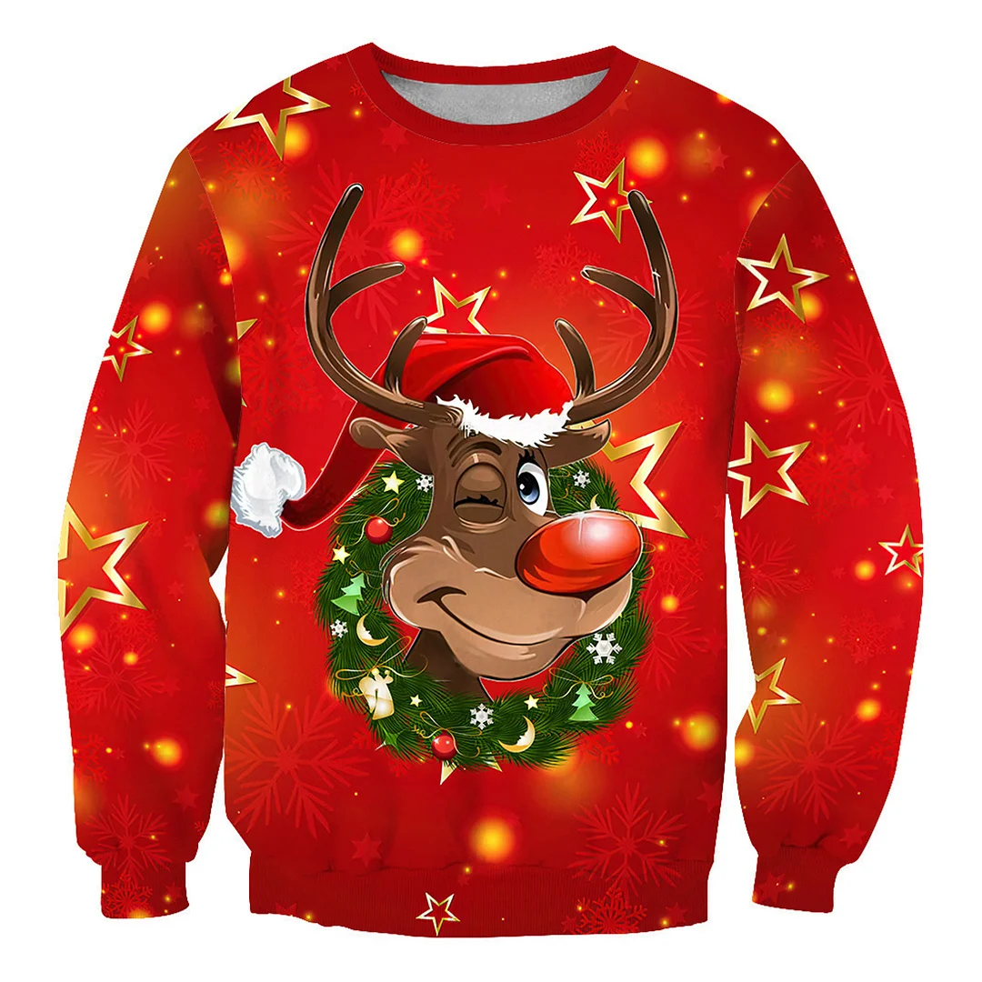 Unisex 3D Elk Print Christmas Sweatshirt、、URBENIE