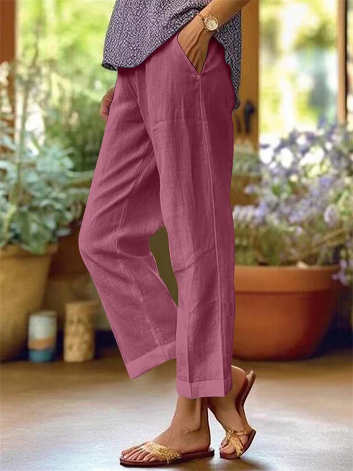 Women's Cotton Linen Loose Solid Color Elastic Waist Straight Casual Pants Plus Size Nine Pants-JRSEE