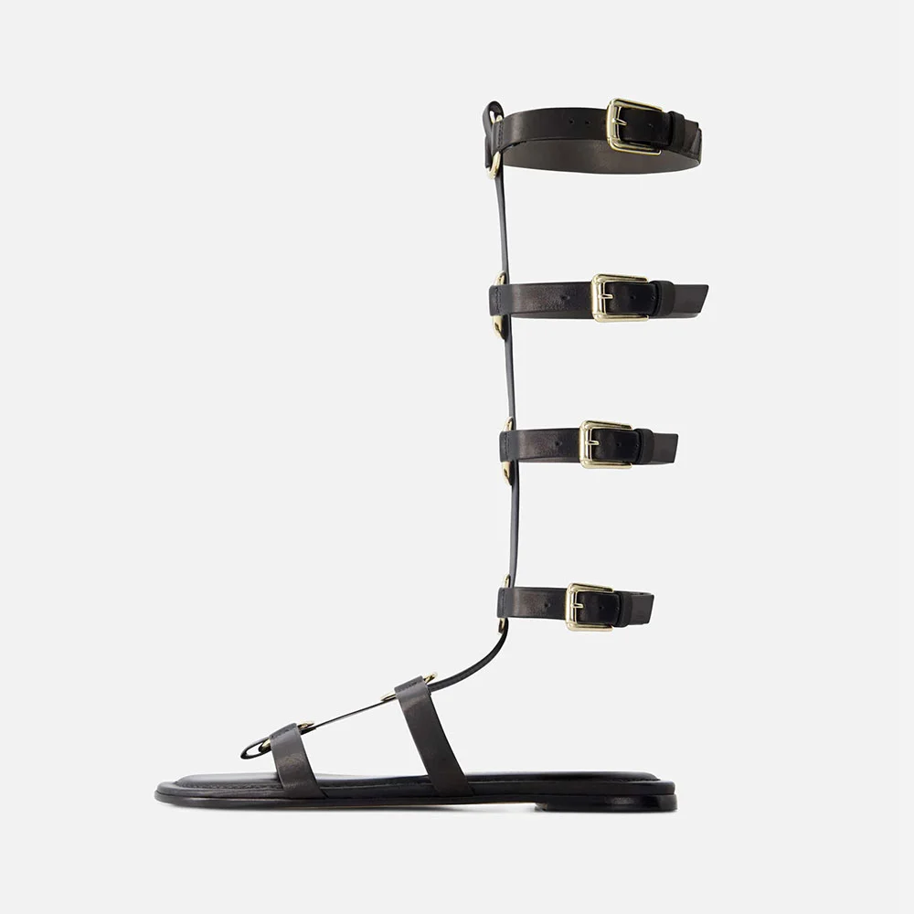 Black Round Toe Flat Buckled Gladiator Women Sandals with Ring