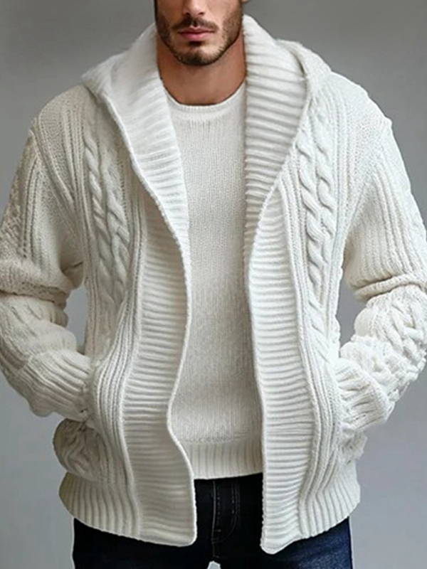 Mature Men's Twisted Cardigan Wool Jacket Casual Hooded Sweater