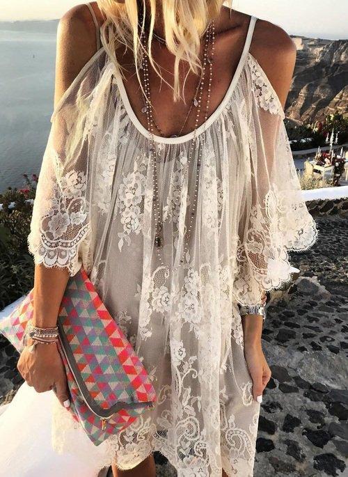 Off Shoulder Lace Embroidered Skater Shift Dresses