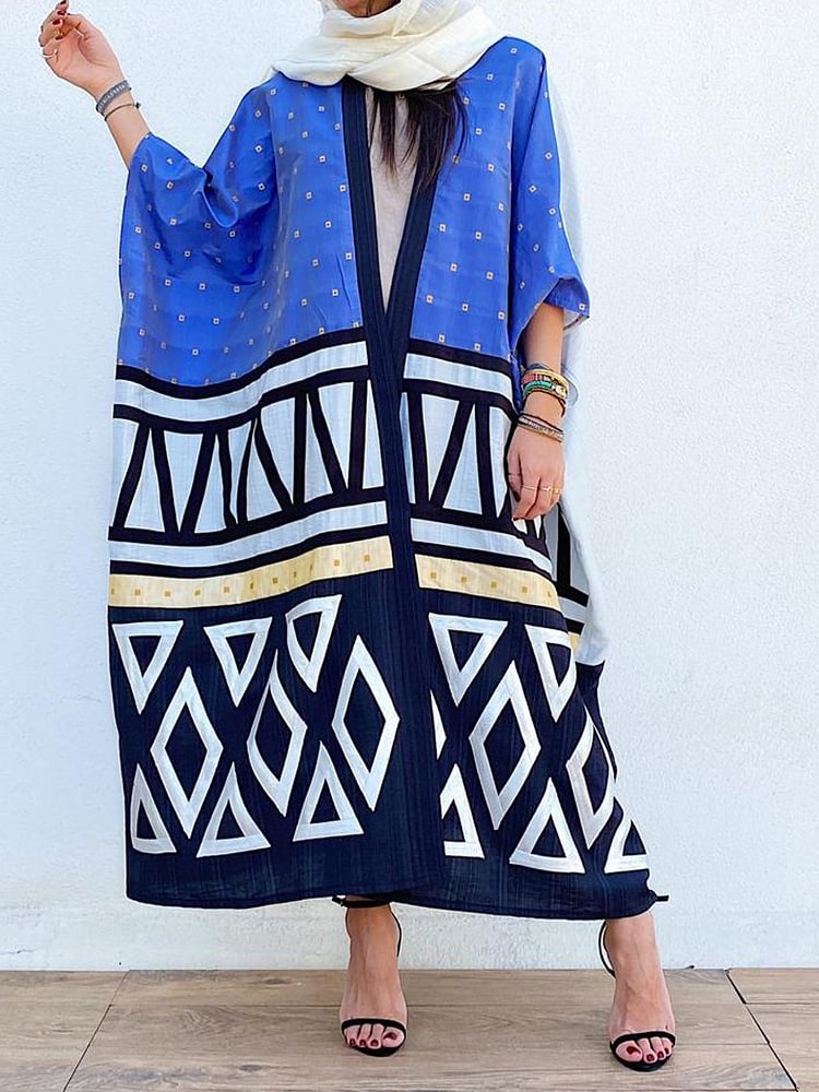 Blue ethnic style pattern baggy abaya cardigan