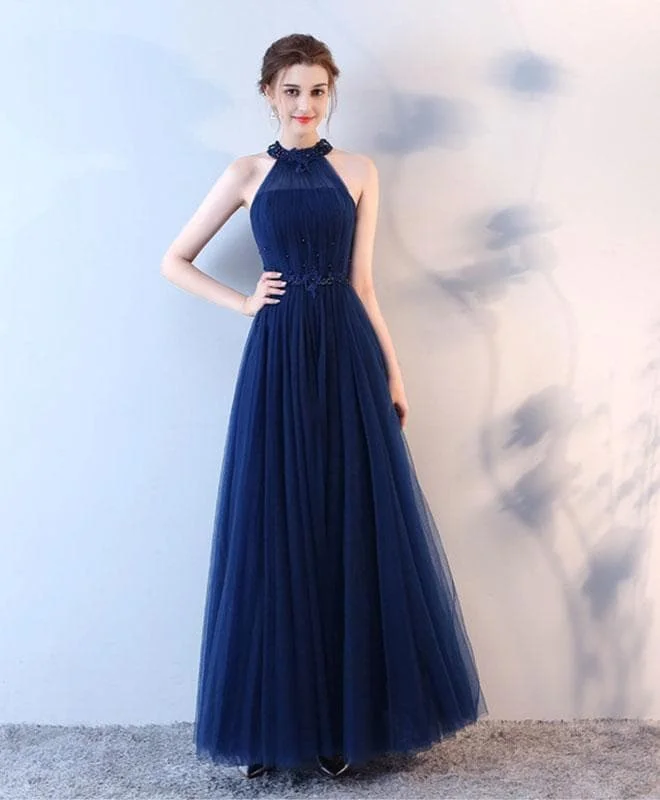 Blue Halter Tulle Long Prom Dress, Blue Evenin Gdress