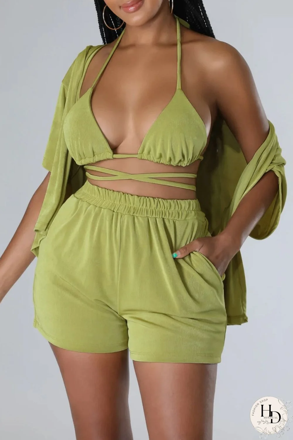 Blue Sexy Casual Solid Frenulum Shirt Collar Short Sleeve Three Piece Set