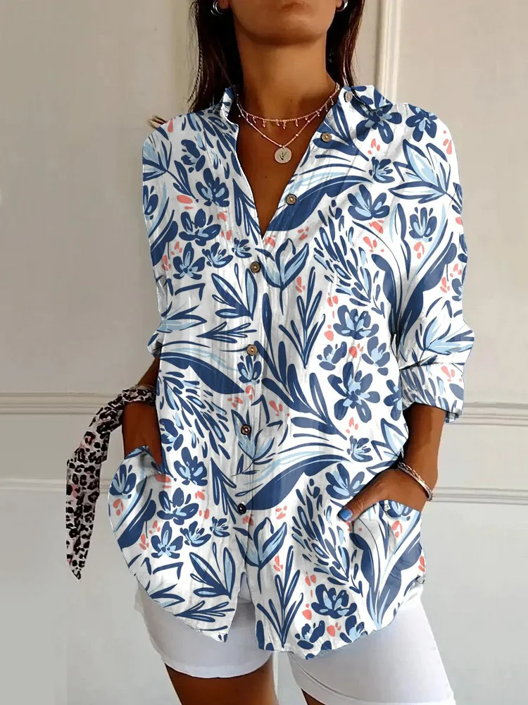  Japanese Classic Colorful Flower Print Casual Long-sleeved Shirt