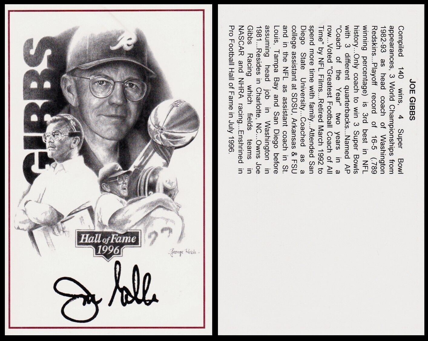 JOE GIBBS hand-signed NFL HALL OF FAME Photo Poster paintingcard WASHINGTON REDSKINS uacc rd coa