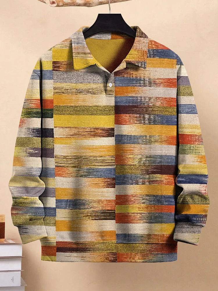 Men's Ethnic Geometric Patterns Retro Colorblocks Print Casual Polo Sweatshirt