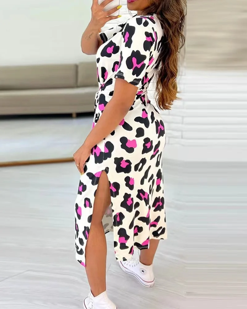 Wongn Wongn Round Neck Short Sleeve Slit A-Line Dress Tie Print Women's Dress