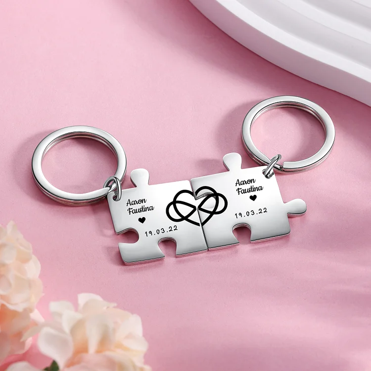 Personalized Puzzle Couple Keychain Set Engrave Name Infinity Love Heart Matching Couple Gifts