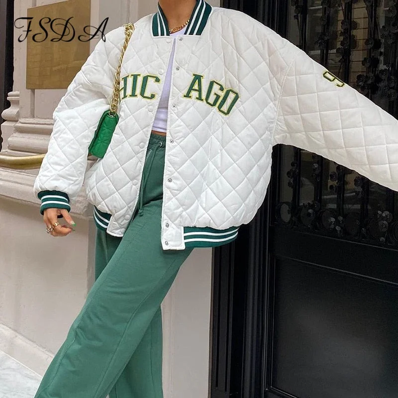 FSDA 2021 Autumn Winter Patchwork Jacket Varsity Women Casual Oversized Green Print Fashion Baseball Bomber Coat