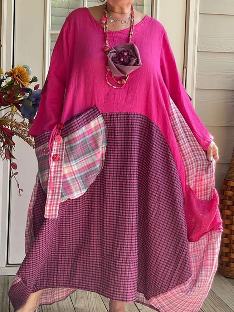 VChics Ladies Loose Color Contrast Cotton Maxi Dress