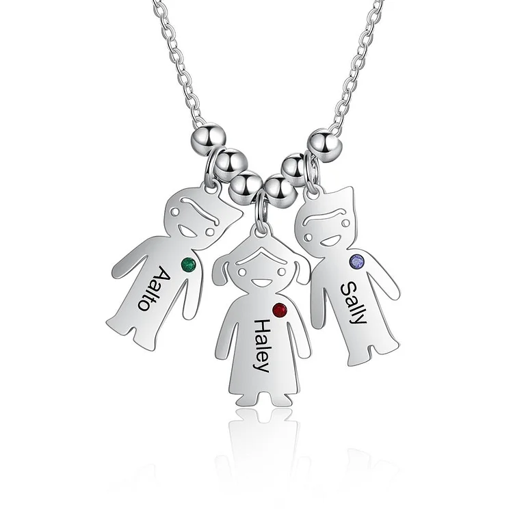 Mother Necklace with 3 Kids Charms Engraved 3 Names Personalized 3 Birthstones