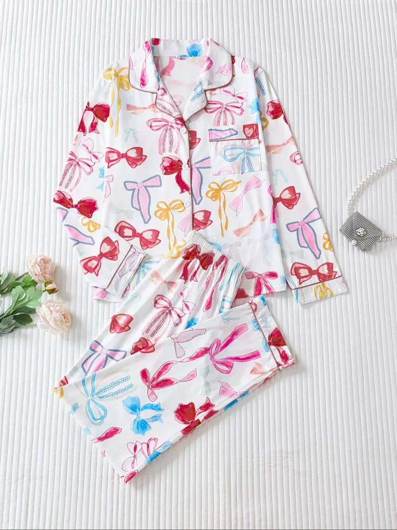 Two-piece Set Women's Bow Print Button Front Pocket Shirt & Elastic Waist Pants Pajama, Casual Comfy Long Sleeve Lapel Neck Top & Trousers Pj Set, Ladies Sleepwear for Spring & Fall