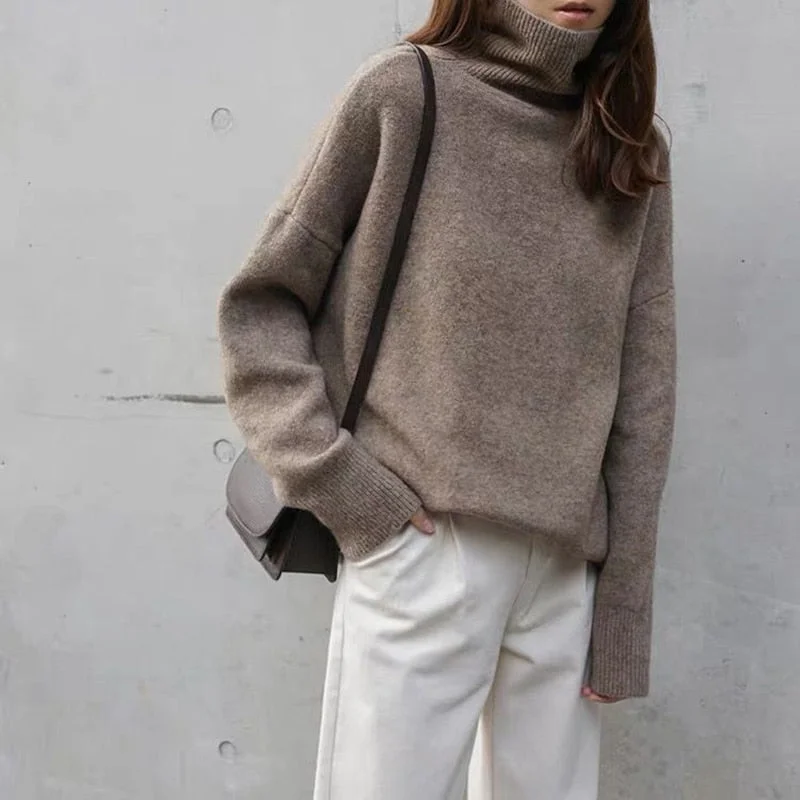 Turtleneck Cashmere Sweater Woman Fashion Loose Thick Warm Pullover Tops 2021 Winter Solid Jumper Female Knitted Wool Sweaters