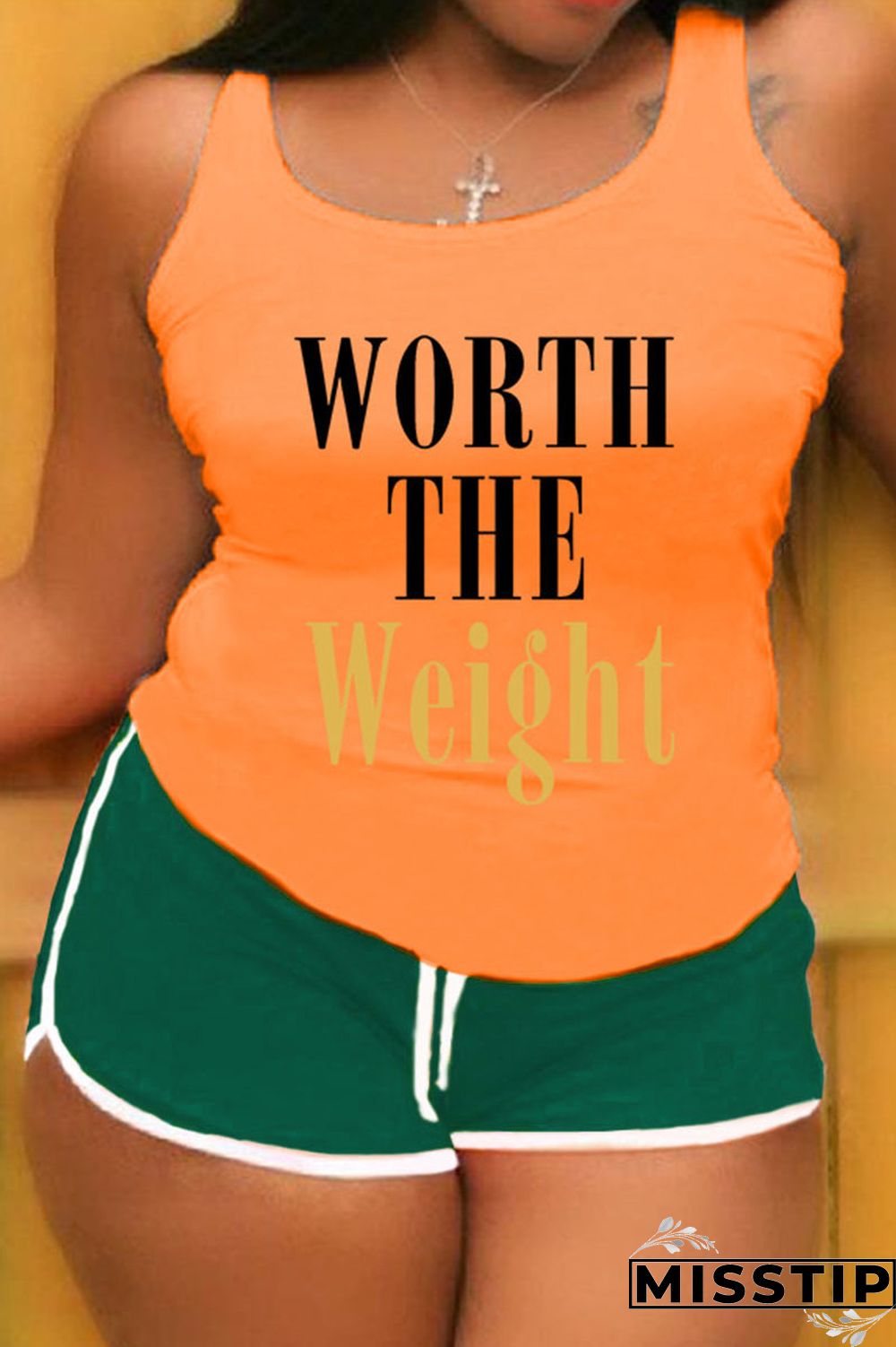 Khaki Casual Letter Patchwork U Neck Plus Size Two Pieces