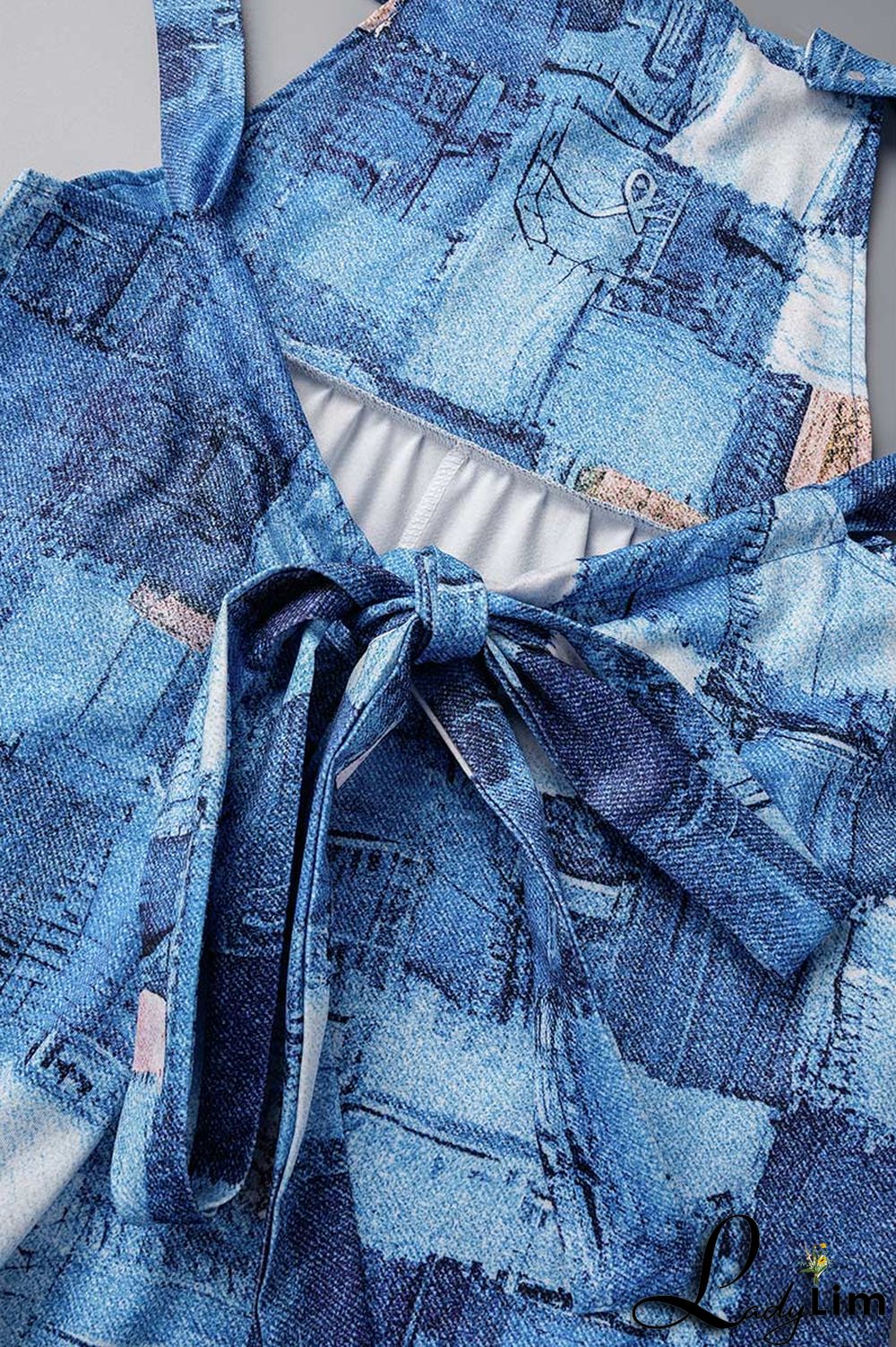 Blue Sexy Print Patchwork Backless Straight Jumpsuits