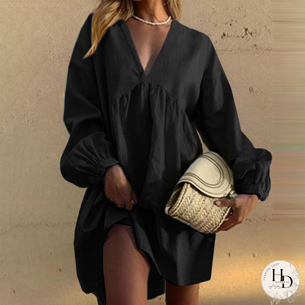 Womens Spring & Autumn Long Dress Tunic Lantern Sleeve Necklace Cotton Linen Casual Loose