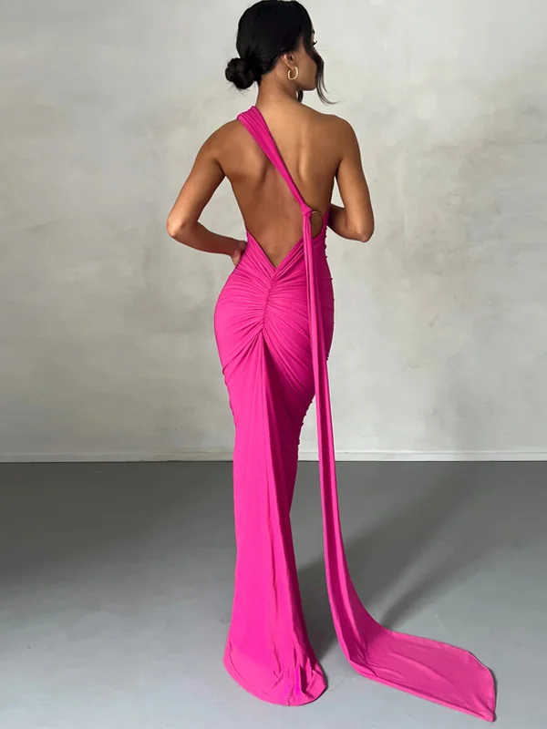 Sexy Backless Pleated Solid Color Dress