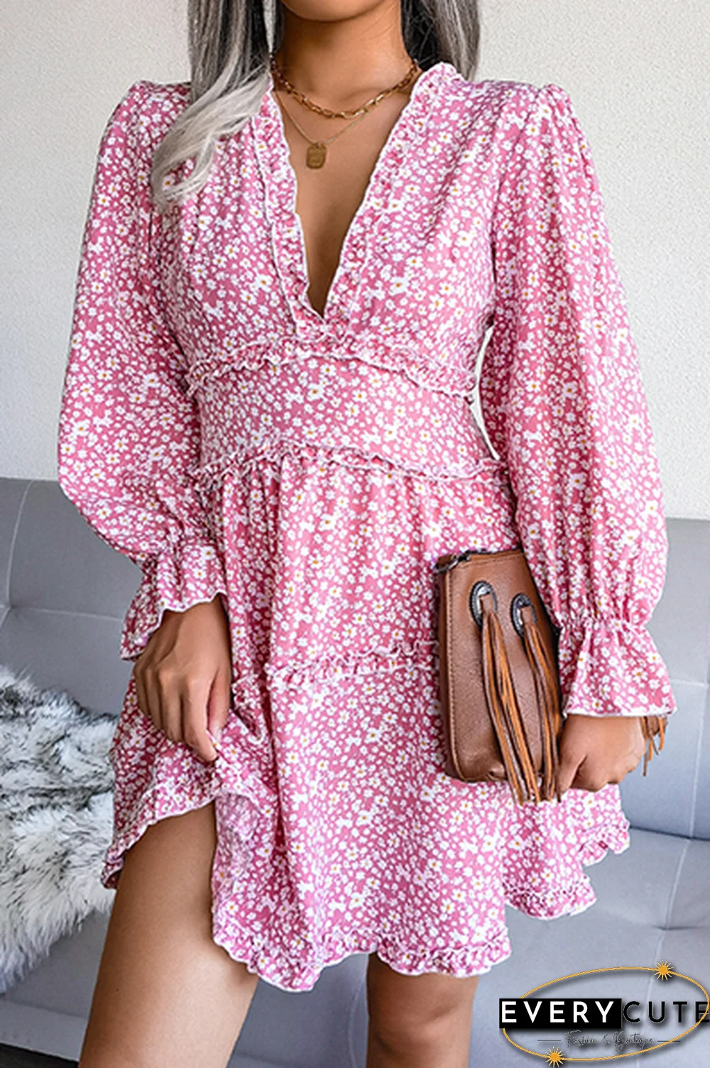 Casual Elegant Floral Split Joint Stringy Selvedge V Neck Waist Skirt Dresses