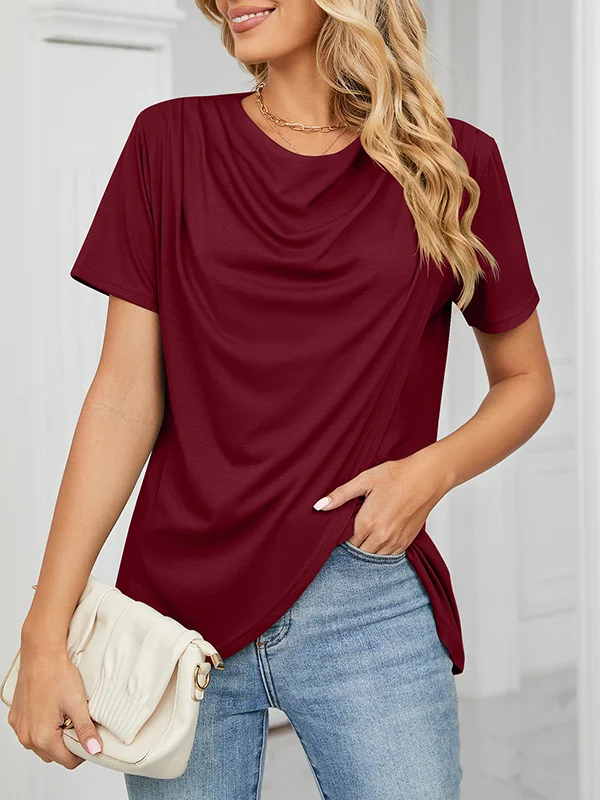 Loose Short Sleeves Pleated Solid Color Split-Joint Round-Neck T-Shirts