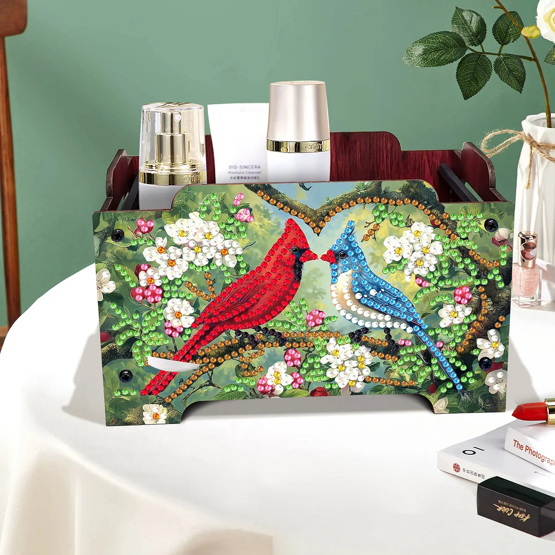 5D DIY Diamond Painting Decorative Storage Box Wood Storage Clutch (Cardinal)