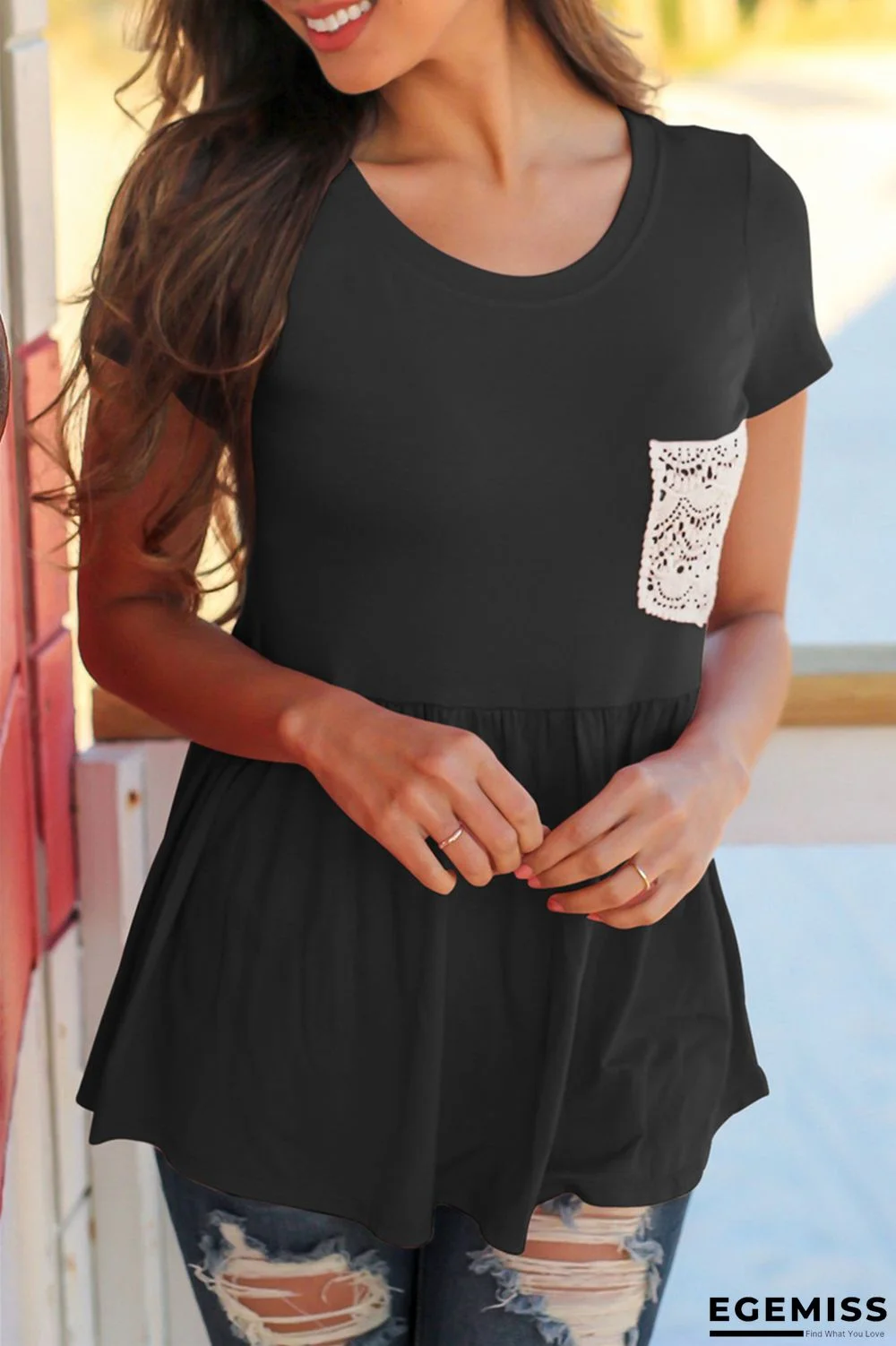 Black Fashion Casual Solid Patchwork O Neck Tops | EGEMISS