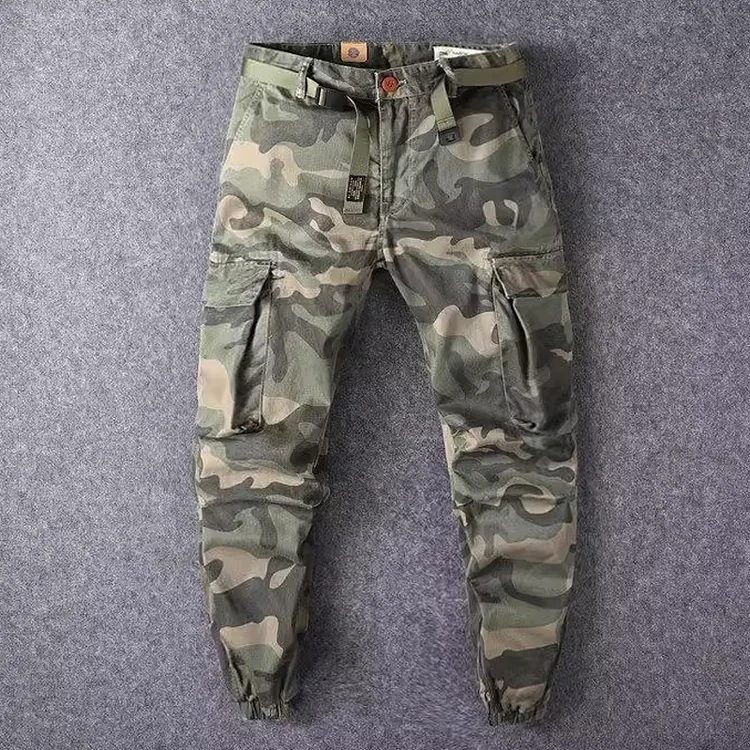 Men's Cotton Multi-Pocket Belt Camouflage Workwear Pants