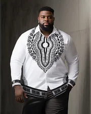 Men's Classic Casual Plus Size White Thousand Needle Long Sleeve Lapel Shirt