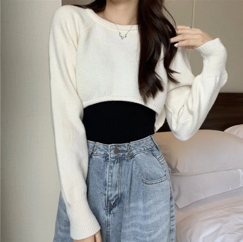 Uveng Uveng Knitted Jersey Women's Spring And Autumn 2023 New High-Waist Half-Sleeved Laziness Sweater Hoodie