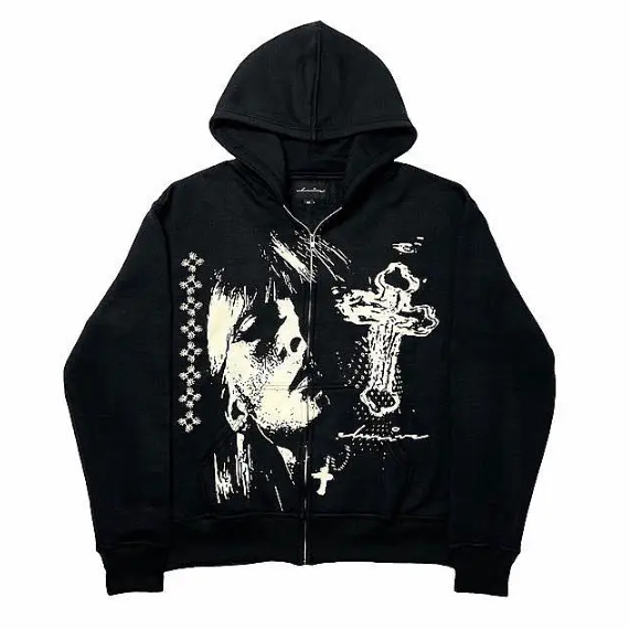 Black Loose Zipper Hoodie Cross Print Street Oversized Sweatshirt Y2k Punk Jacket at Hiphopee