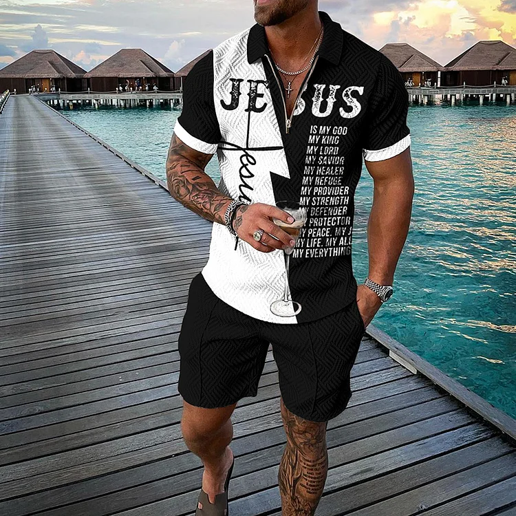 BrosWear Letter Print Jesus Contrast Color Short Sleeve Polo Shirt And Shorts Co-Ord