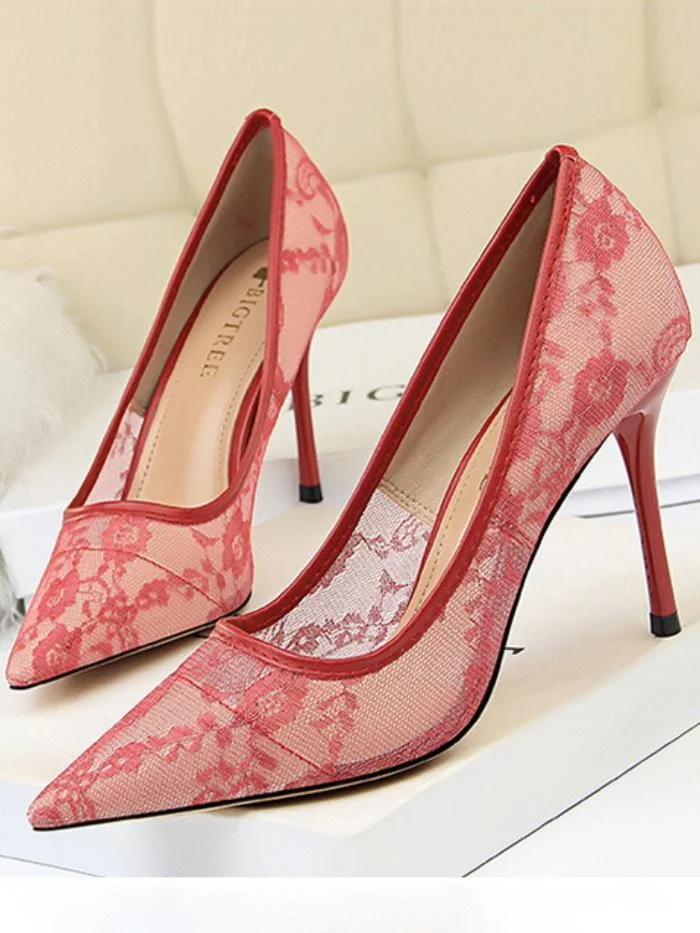 Sexy stiletto high heel shallow mouth pointed toe mesh hollow lace single shoes