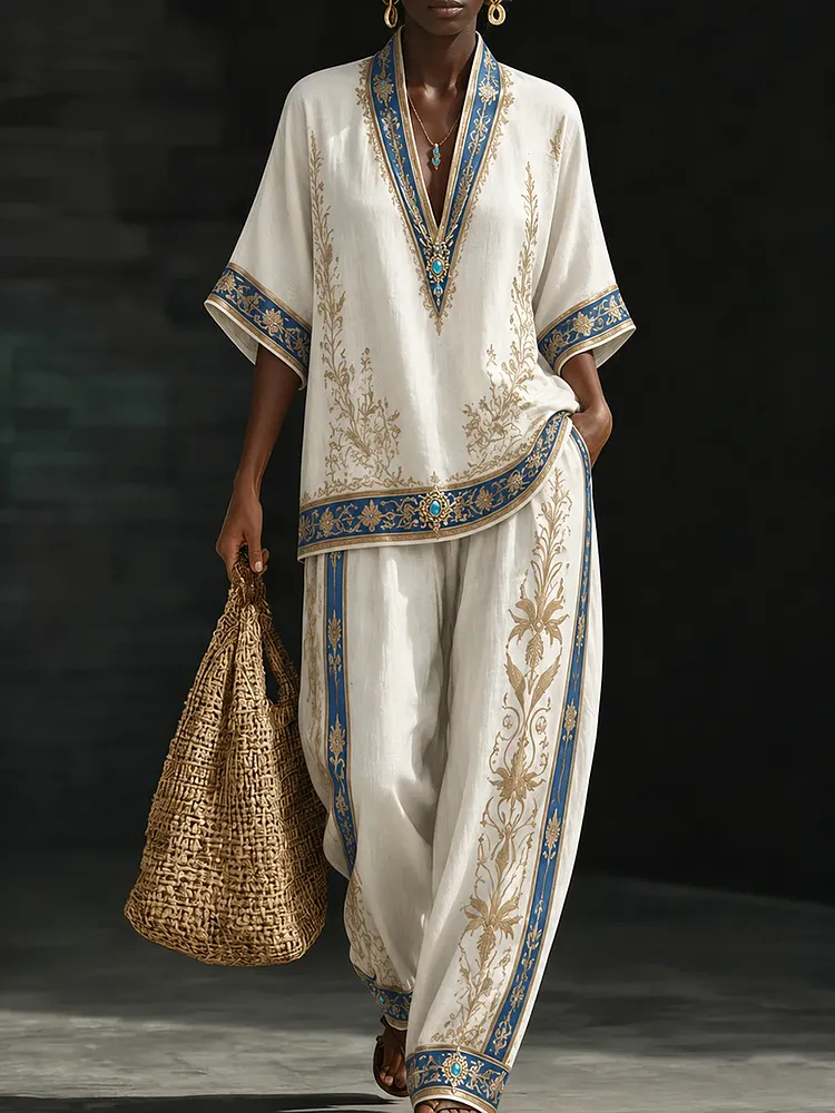 Greek Goddess Inspired Ivory & Blue Gold  Kaftan Set &ndash; Elegant Resort Two-Piece Luxury Outfit