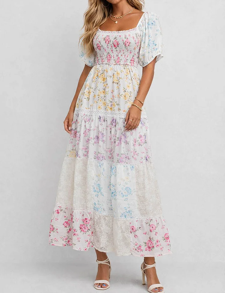 Ladies Boho Floral Print Square Neck Puff Sleeves Maxi Dress