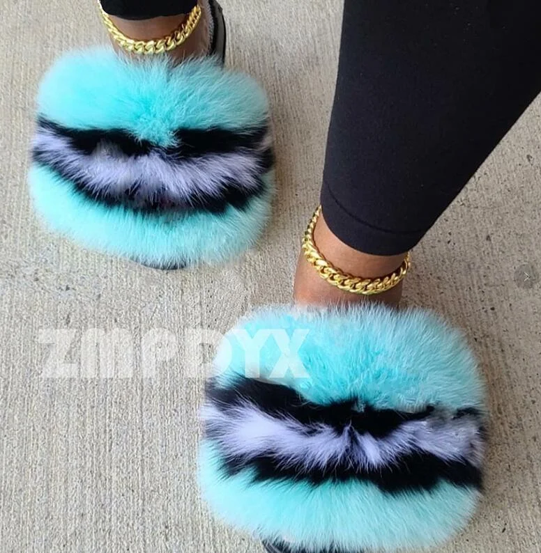 Casual Women Warm Plush Fur Slippers Girl's Fashion Amazing Fur Slides Ladies Lovely Luxury Furry Fur Flip Flops Home Flat Shoes