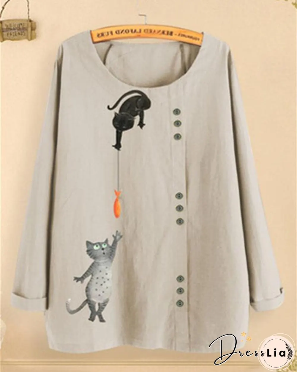 Round Neck Long Sleeve Cartoon Printed Blouses Tops